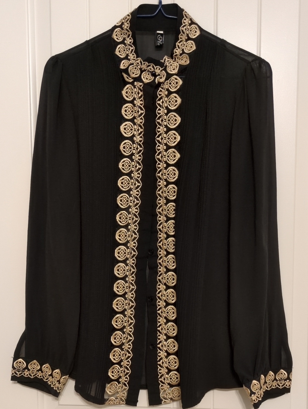 L'AGENCE Black Silk Blouse with Gold Embroidered Trim